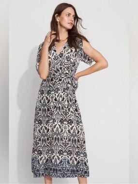 WHBM Printed V-Neck Midi Dress in Navy and White